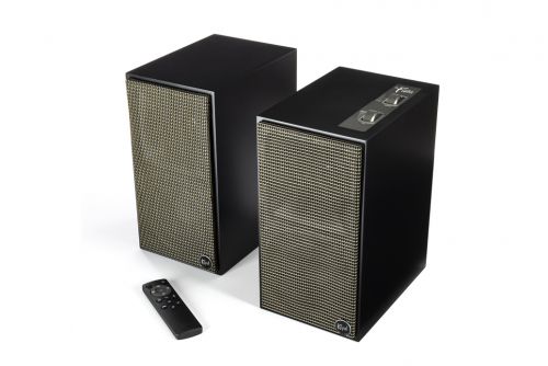 Klipsch THE FIVES Powered Monitor Wireless Speakers - Right Angled Top Front View Covered Black Pair with Remote Image