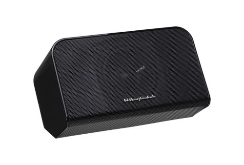 Wharfedale MovieStar MS-100 Centre Speaker angled view showing compact design with perforated mesh grille and Wharfedale logo