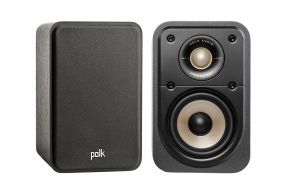 Polk Audio ES10 Signature Elite Bookshelf Speakers Pair Black, Left Speaker with Grille Front View, Right Speaker Front View