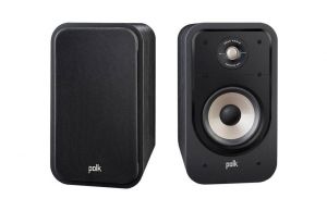 Polk Audio ES20 Signature Elite Series Bookshelf Speakers Pair Black, Left Speaker with anti-diffraction magnetic grilles for minimal sonic interference, Right Speaker in Front View
