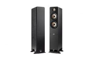 Polk Audio ES50 Signature Elite Floorstanding Speakers Pair Black, Left Speaker with Low-Interference grille, Right Speaker in Front View