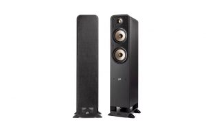 Polk Audio ES55 Signature Elite Series Floorstanding Speakers Pair Black, Left Speaker in Rear View, Right Speaker in Front View