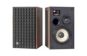 Side-by-side views of the black JBL L82 MKII Bookshelf Speakers showing both the front grille and the exposed driver configuration. Each speaker features a walnut veneer cabinet with the colored Quadrex foam grille on one side and the exposed 8-inch woofe
