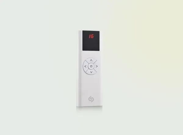 A sleek white remote control for the Carson Phantom Lift Mini with a small digital display showing "16" in red numbers. The remote features directional buttons arranged in a circular pattern with a center button.